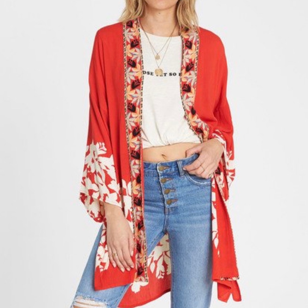 Billabong Kimono Fire Nights Beach Cover Up Open Front Placement Floral Print